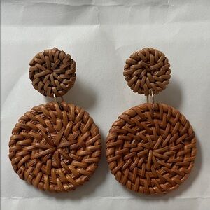 Woven Round Drop Earrings - Brown